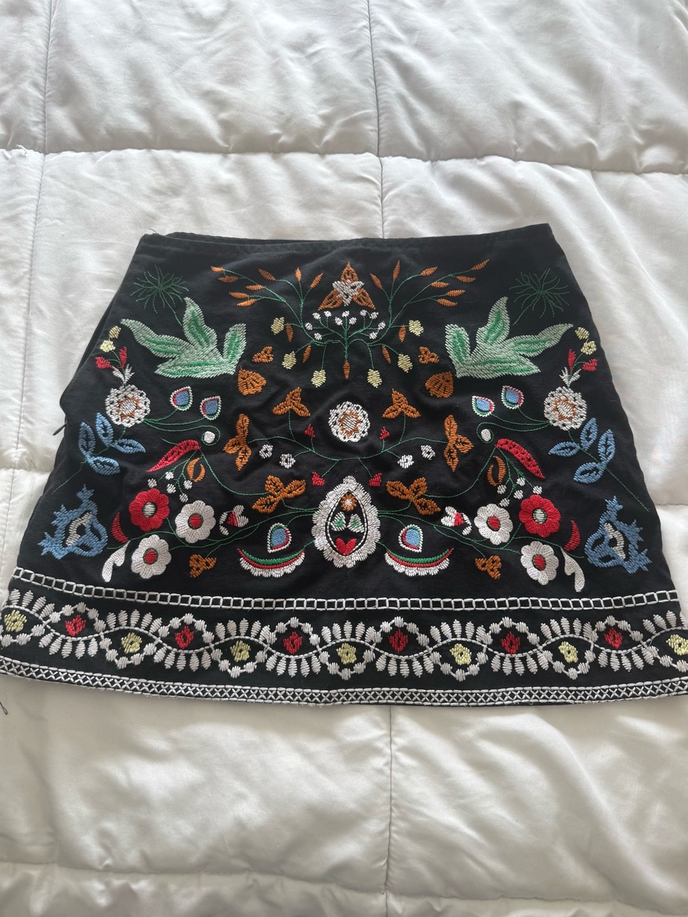 Black Embroidered Floral Mini Skirt